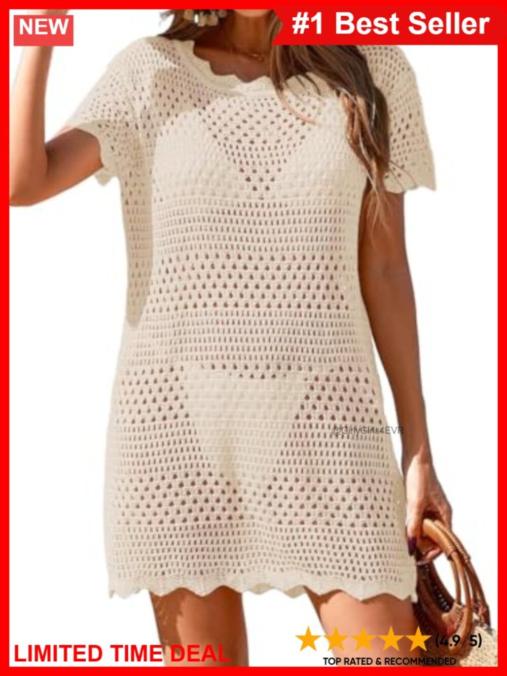 Crochet Mini Dress Swimsuit Cover Up Short Sleeve Mesh Knit Beach Coverup